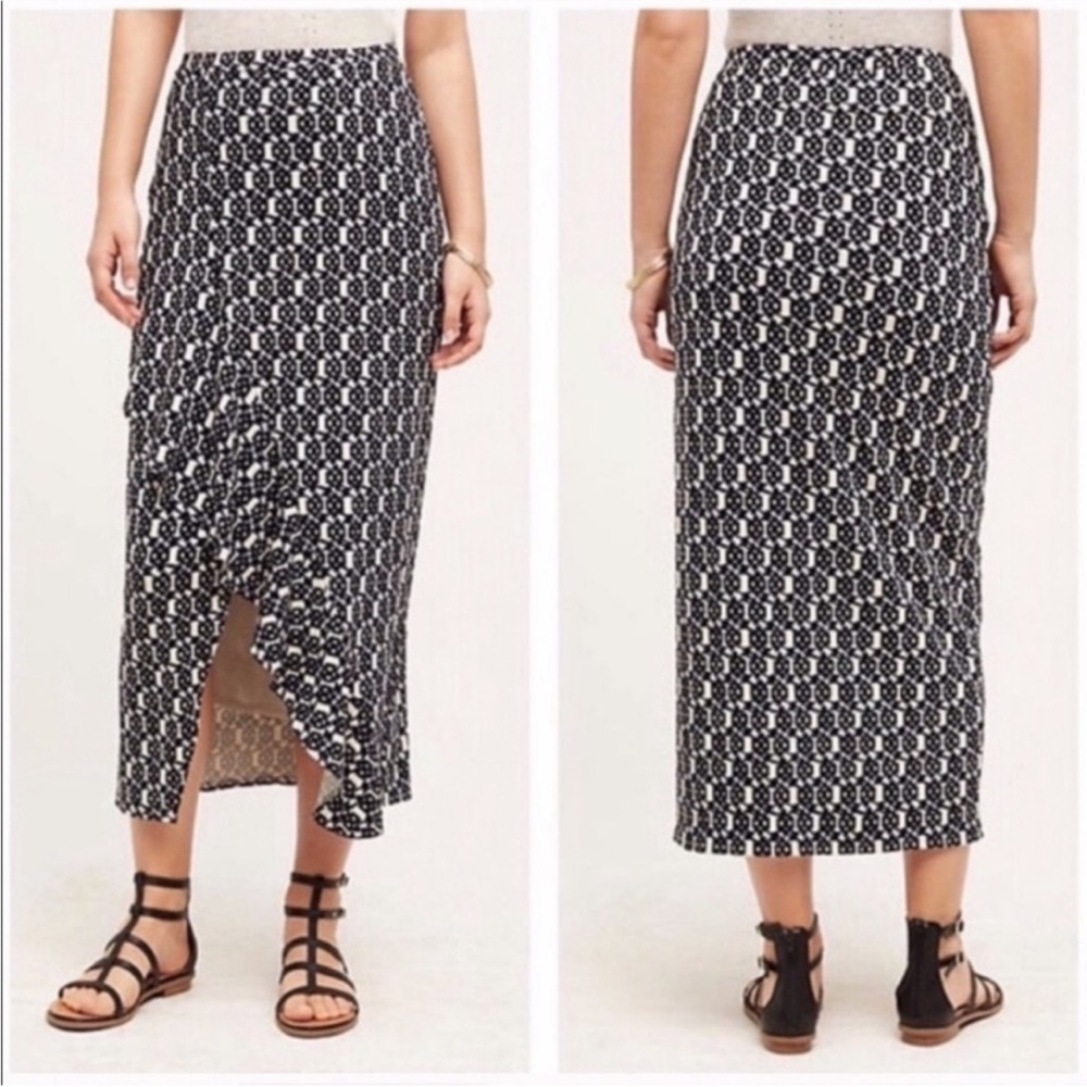 Maeve Anthropologie Makara Ruffle, Wrap Maxi skirt in black and cream size small